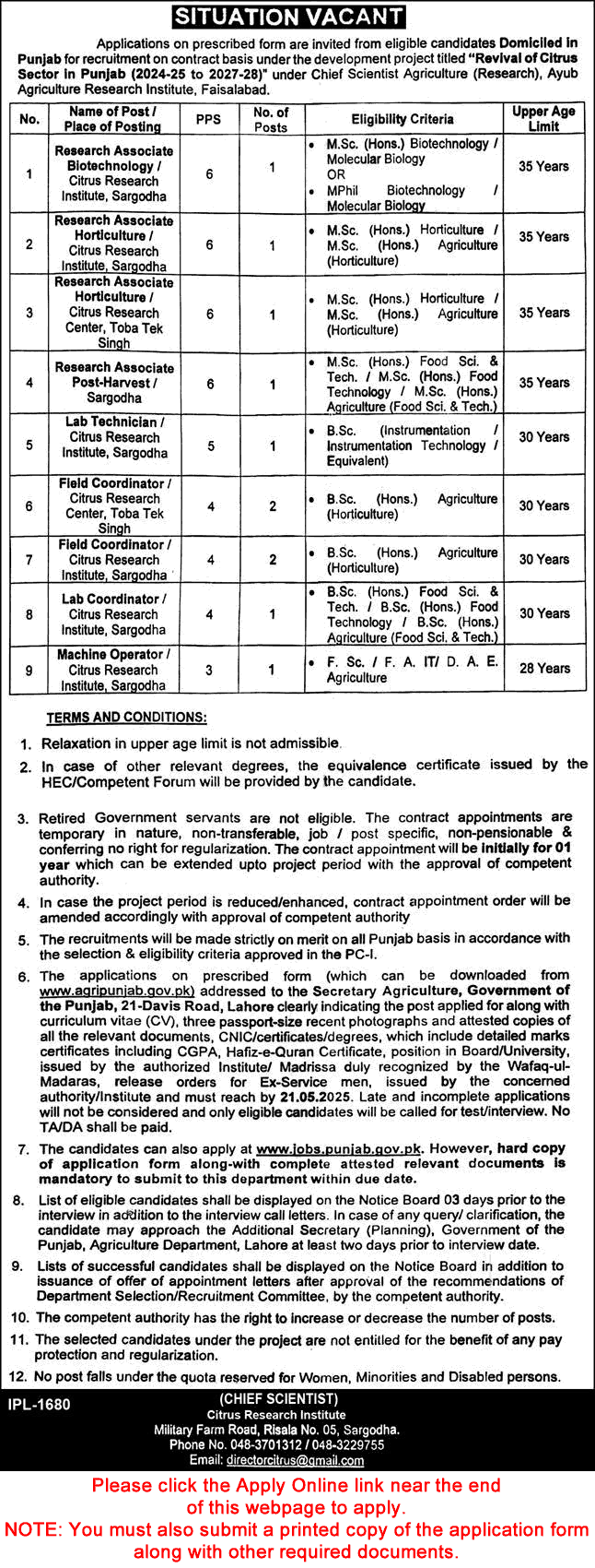 Citrus Research Institute Sargodha Jobs 2025 May Online Application Form Field Coordinators & Others CRI Latest