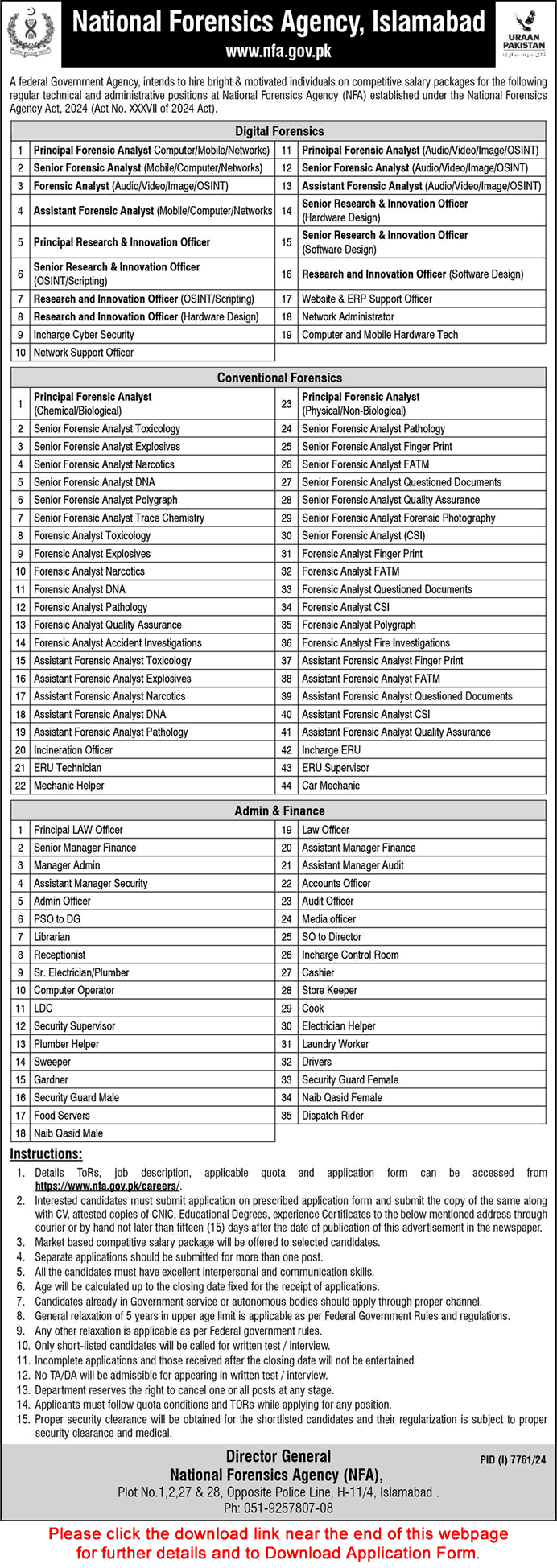 National Forensics Agency Islamabad Jobs May 2025 Application Form Forensic Analysts & Others NFA Latest
