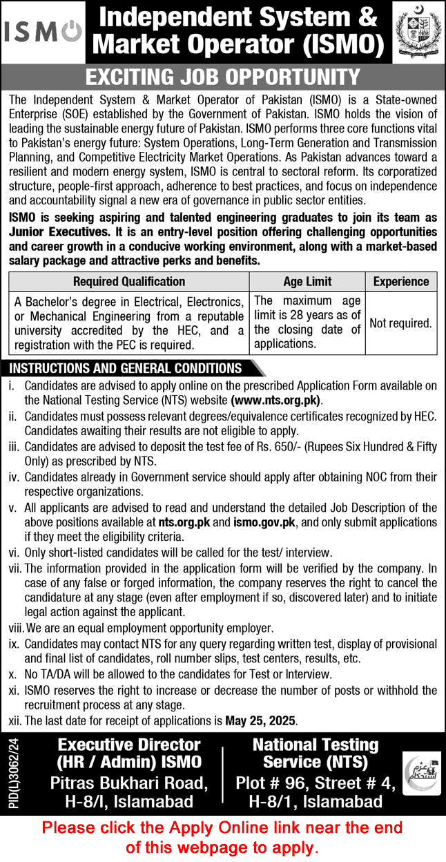 Junior Executive Jobs in Independent System & Market Operator of Pakistan 2025 May NTS Apply Online ISMO Latest