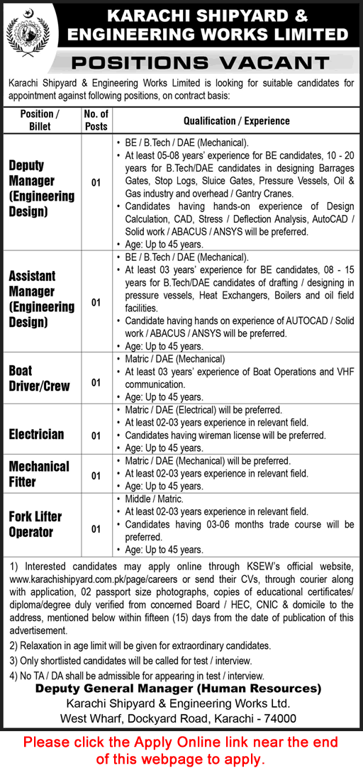 Karachi Shipyard and Engineering Works Jobs May 2025 Apply Online Mechanical Fitter & Others KSEW Latest