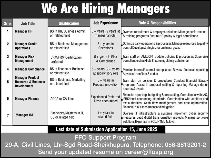 FFO Support Program Jobs 2025 May / June HR / Finance / IT Managers & Others Latest