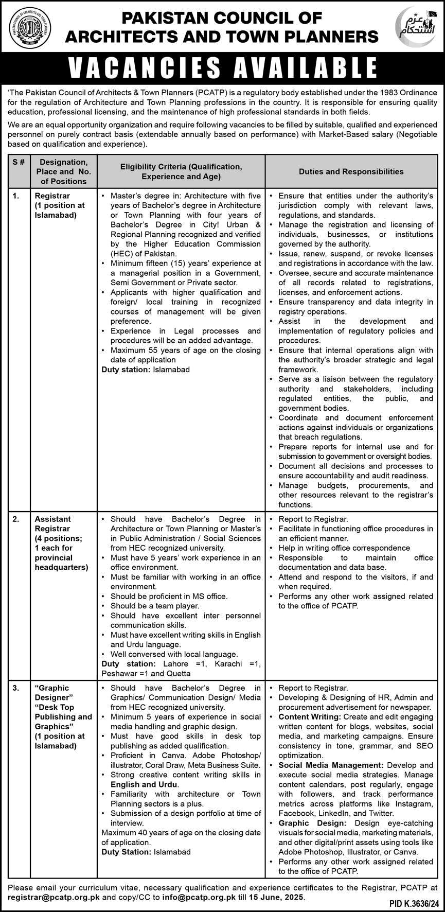 Pakistan Council of Architects and Town Planners Jobs 2025 May / June Assistant Registrars & Graphic Designer PCATP Latest