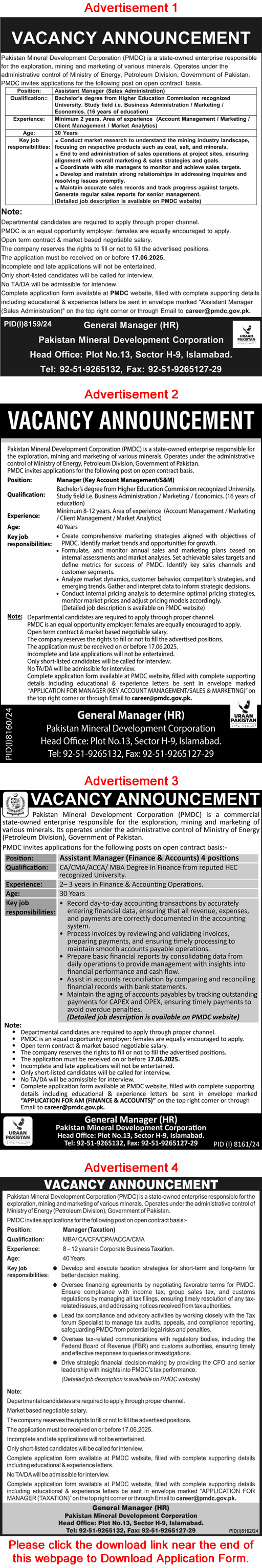 Pakistan Mineral Development Corporation Jobs May 2025 June Application Form Assistant / Managers PMDC Latest
