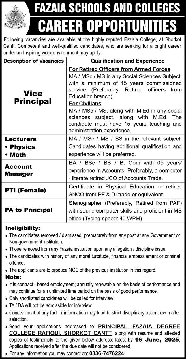 Fazaia Degree College Rafiqui Shorkot Cantt Jobs 2025 June Lecturers & Others Latest