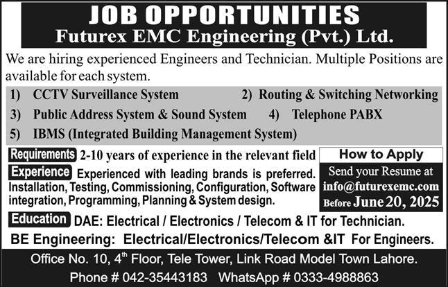 Futurex EMC Engineering Pvt Ltd Lahore Jobs 2025 June for Engineers & Technicians Latest