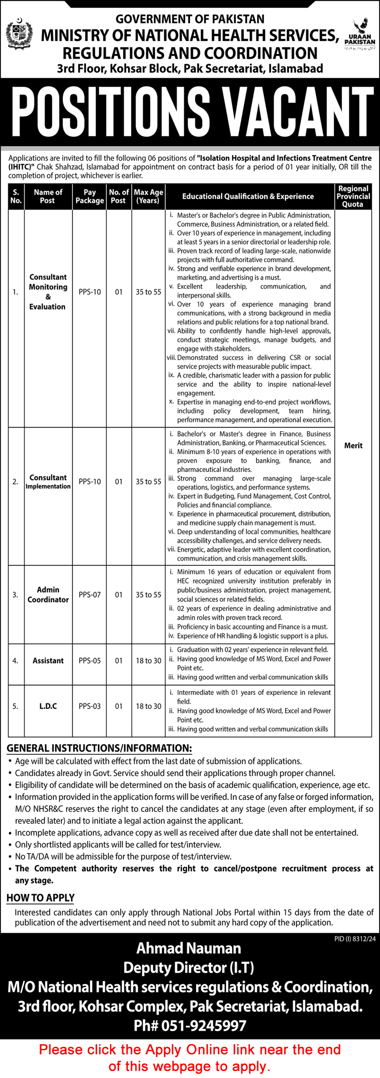 Isolation Hospital and Infections Treatment Centre Islamabad Jobs 2025 June Apply Online IHITC MNHSR&C Latest