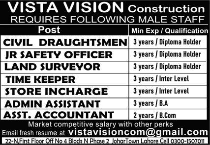 Vista Vision Construction Lahore Jobs 2025 June Civil Draughtsman, Store Incharge & Others Latest