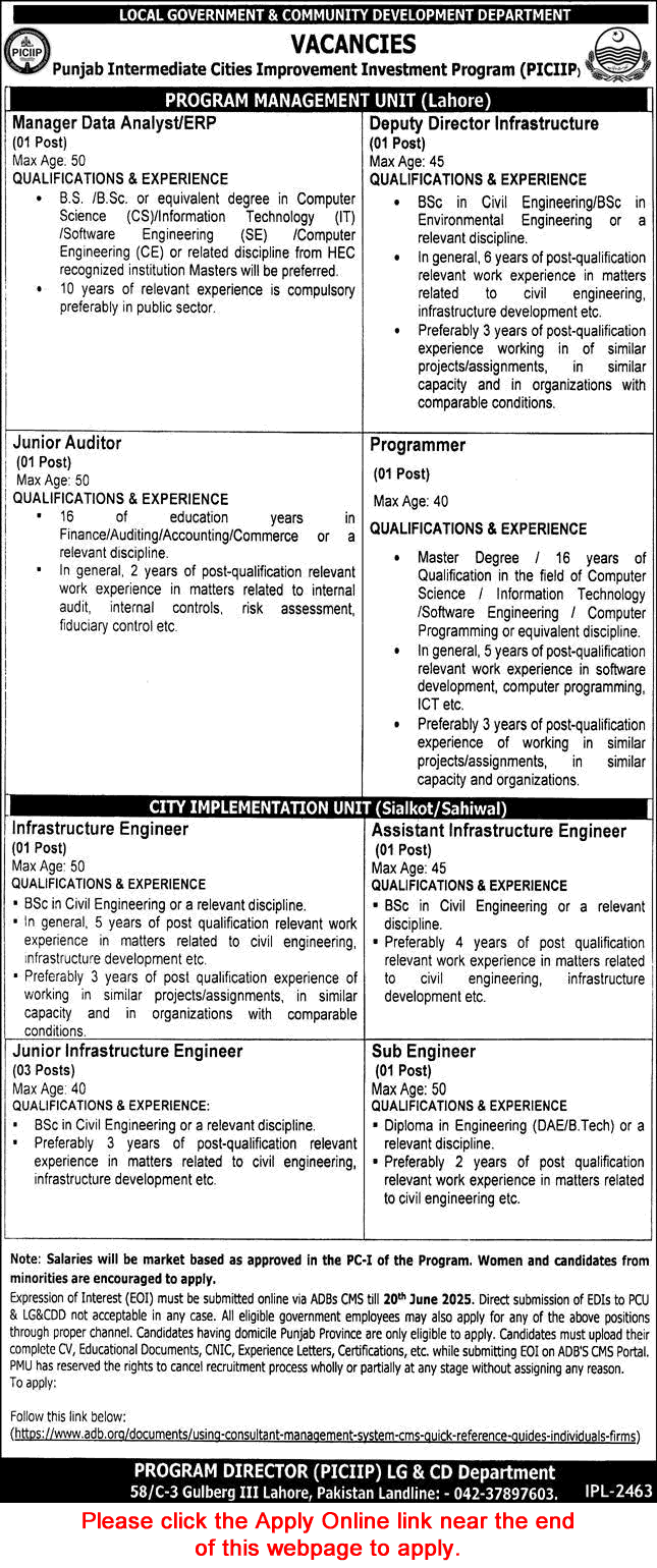 Local Government and Community Development Department Punjab Jobs June 2025 PICIIP Apply Online Latest