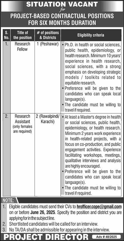 NGO Jobs in Pakistan June 2025 for Research Fellow & Research Assistants Latest