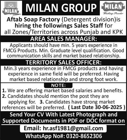 Aftab Soap Factory Jobs 2025 June for Sales Manager & Officers Milan Group Latest