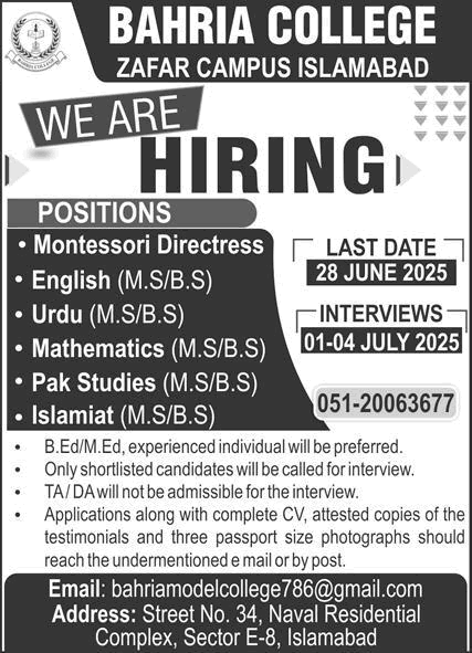 Bahria College Islamabad Jobs June 2025 Teaching Faculty at Zafar Campus Latest
