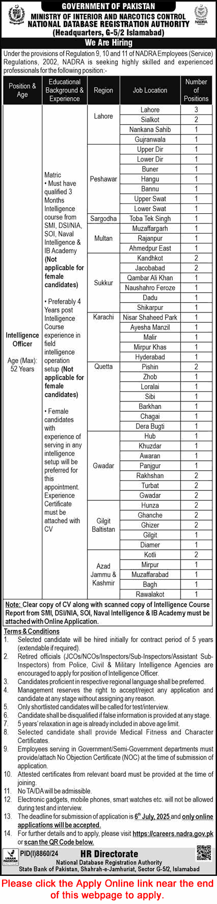 Intelligence Officer Jobs in NADRA June 2025 Apply Online National Database and Registration Authority Latest