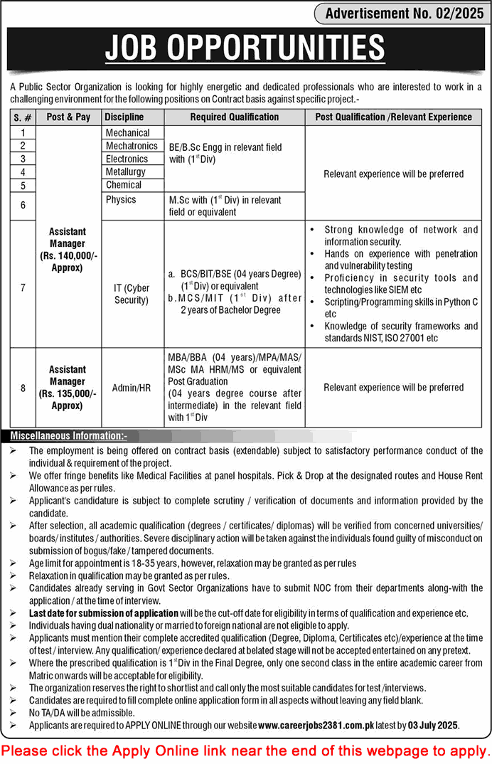 Public Sector Organization Jobs June 2025 Assistant Manager careerjobs2381 com pk Apply Online PMO / NESCOM Latest