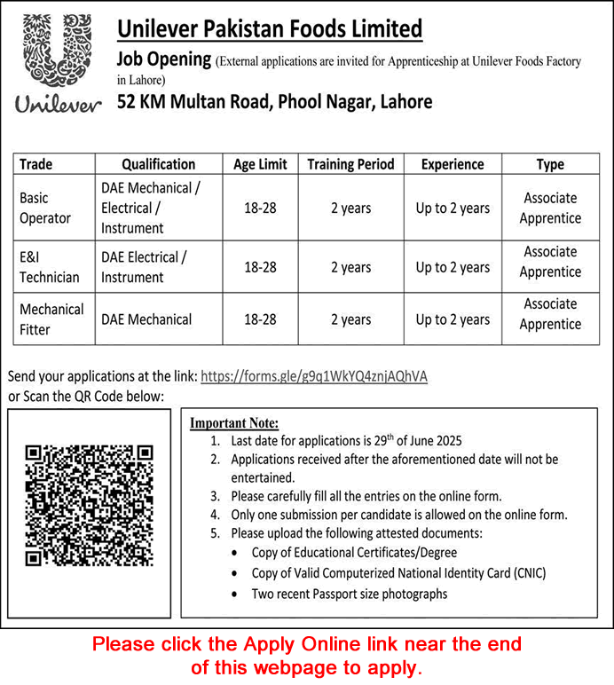 Unilever Pakistan Foods Factory Lahore Apprenticeship Program June 2025 Apply Online Latest