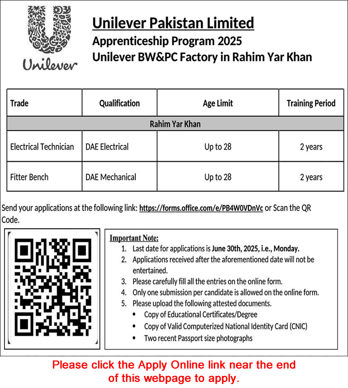 Unilever Pakistan Apprenticeship Program June 2025 Apply Online BW&PC Factory Rahim Yar Khan Latest