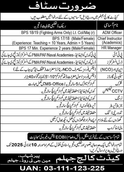 Cadet College Jhelum Jobs June 2025 Clerk, Drill Instructors, Security Guards & Others Latest