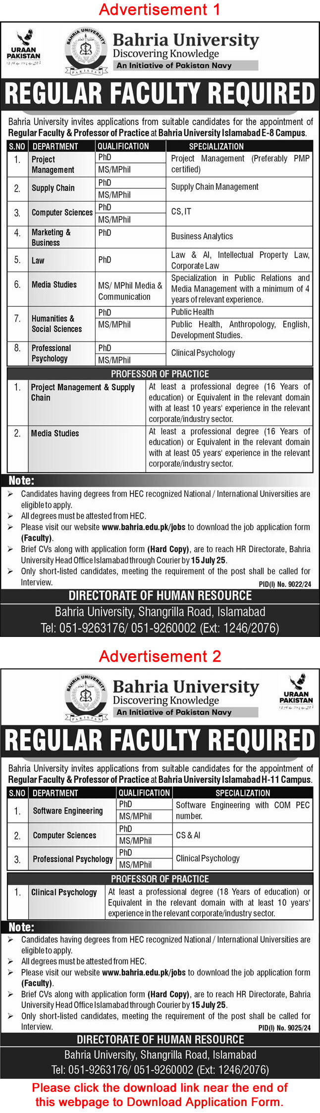 Bahria University Islamabad Jobs June 2025 July Application Form Teaching Faculty Latest