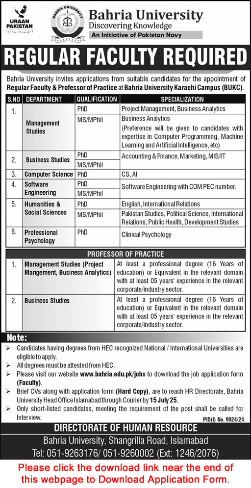 Bahria University Karachi Campus Jobs June 2025 July Application Form Teaching Faculty Latest
