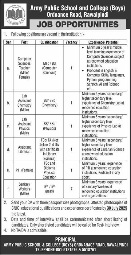 Army Public School and College Rawalpindi Jobs July 2025 Teachers, Lab Assistants & Others APS&C Latest
