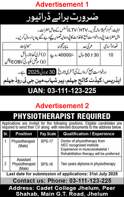 Cadet College Jhelum Jobs July 2025 Physiotherapists & Drivers Latest
