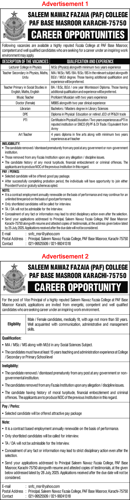 Saleem Nawaz Fazaia College Karachi Jobs July 2025 Teaching Faculty & Others PAF Base Masroor Latest