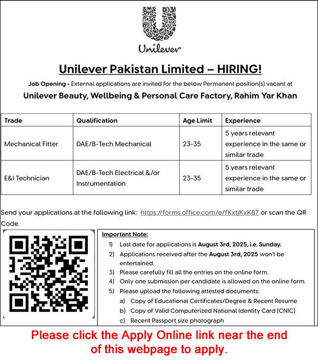 Unilever Pakistan Rahim Yar Khan Jobs July 2025 August Apply Online Electrical / Instrumentation Technician & Mechanical Fitter Latest