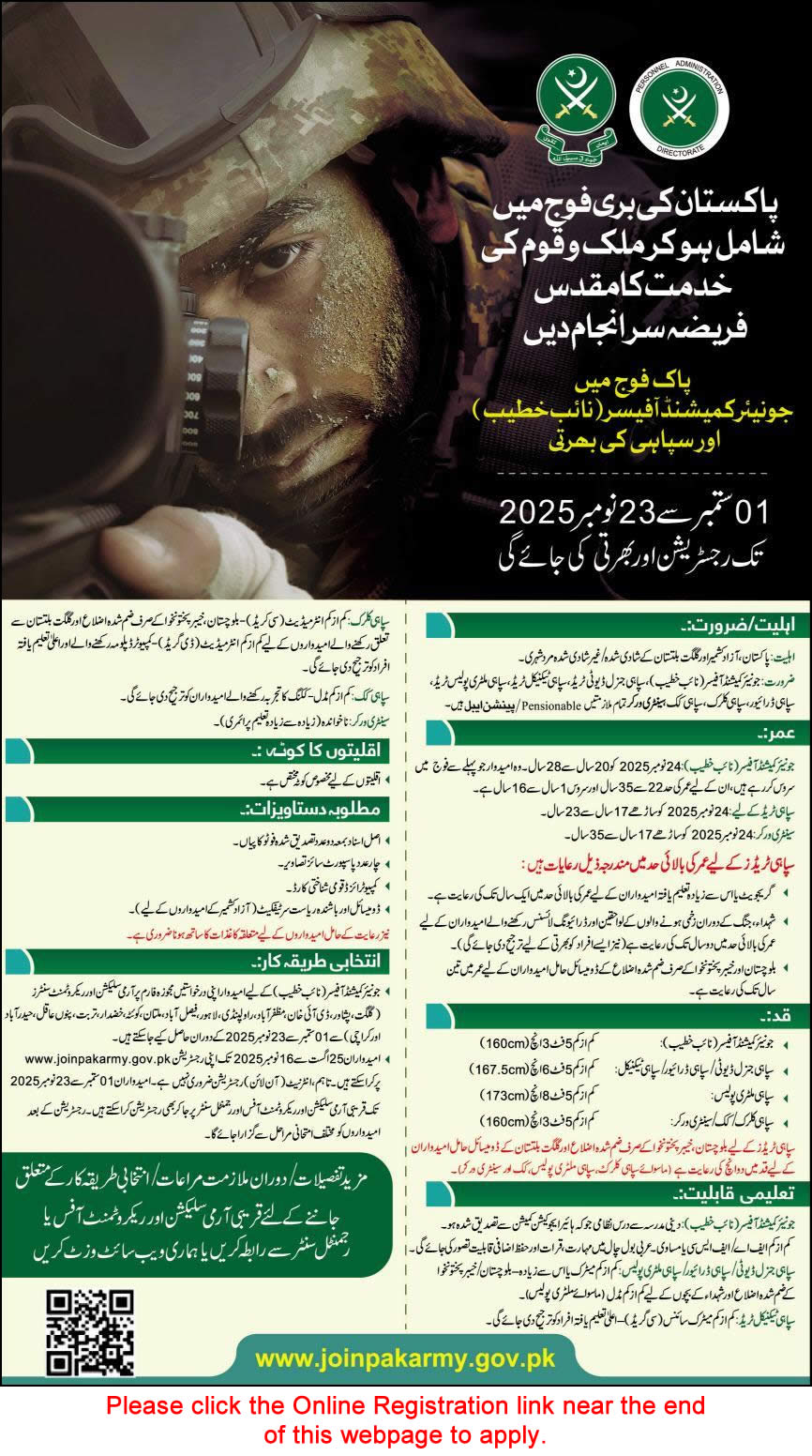 Join Pakistan Army as Soldier & Naib Khateeb August 2025 Online Registration Junior Commissioned Officer Latest