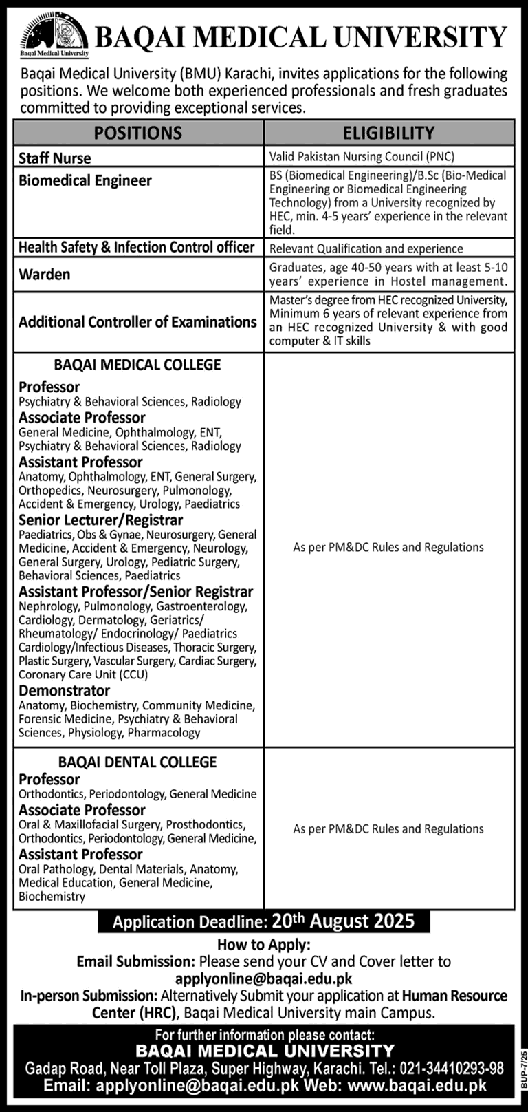 Baqai Medical University Karachi Jobs 2025 August Teaching Faculty & Others Latest