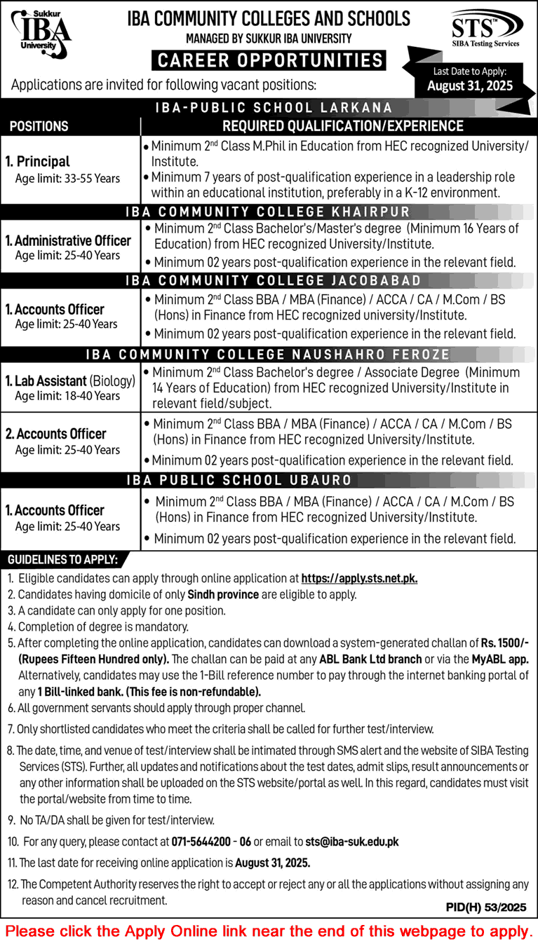 IBA Community Colleges and Schools Sindh Jobs August 2025 STS Apply Online Accounts Officers & Others Latest