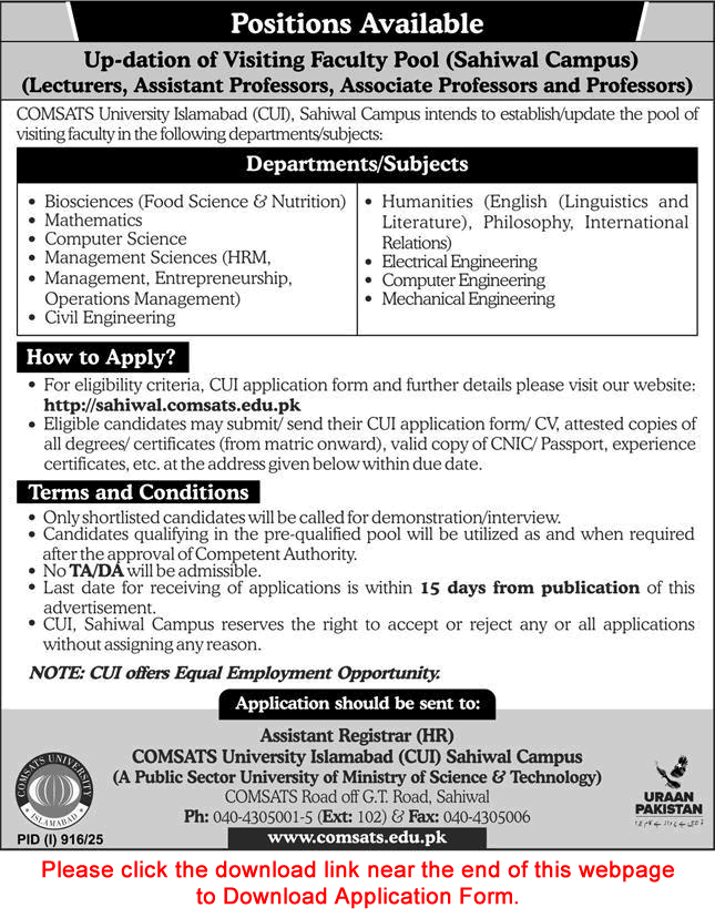 COMSATS University Sahiwal Campus Jobs 2025 August Application Form Teaching Faculty CUI Latest