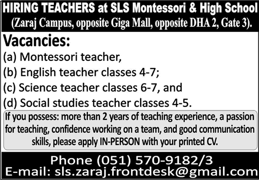 Teaching Jobs in SLS Montessori and High School Islamabad August 2025 at Zaraj Campus Latest