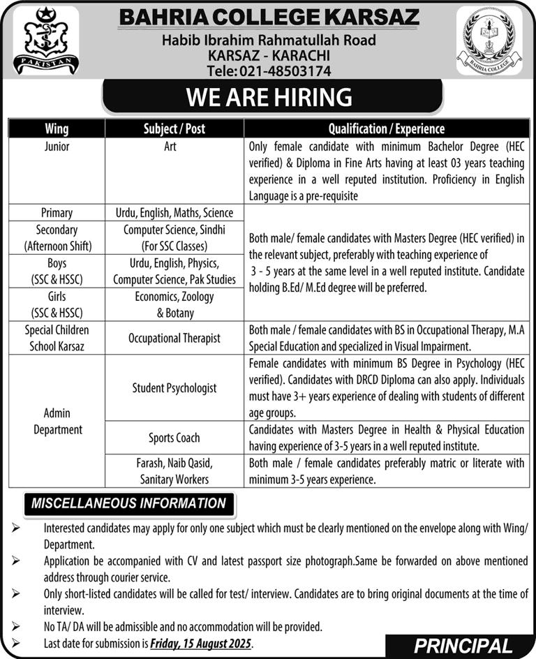 Bahria College Karsaz Karachi Jobs August 2025 Teaching Faculty & Others Latest