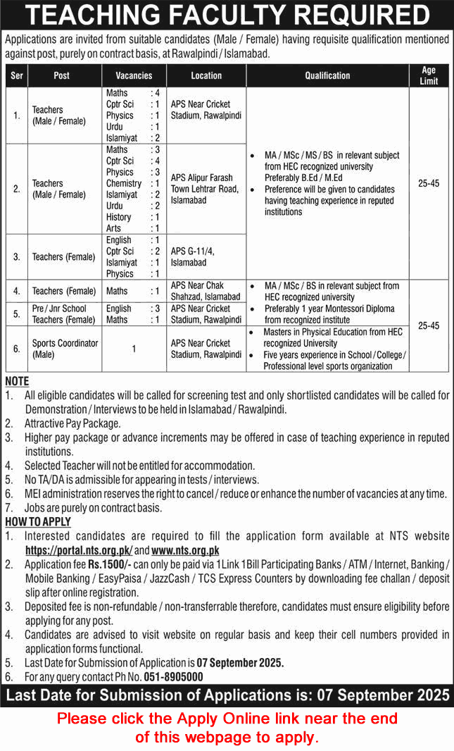 Army Public School Islamabad / Rawalpindi Jobs August 2025 NTS Apply Online Teachers & Others Margalla Educational Institute Latest