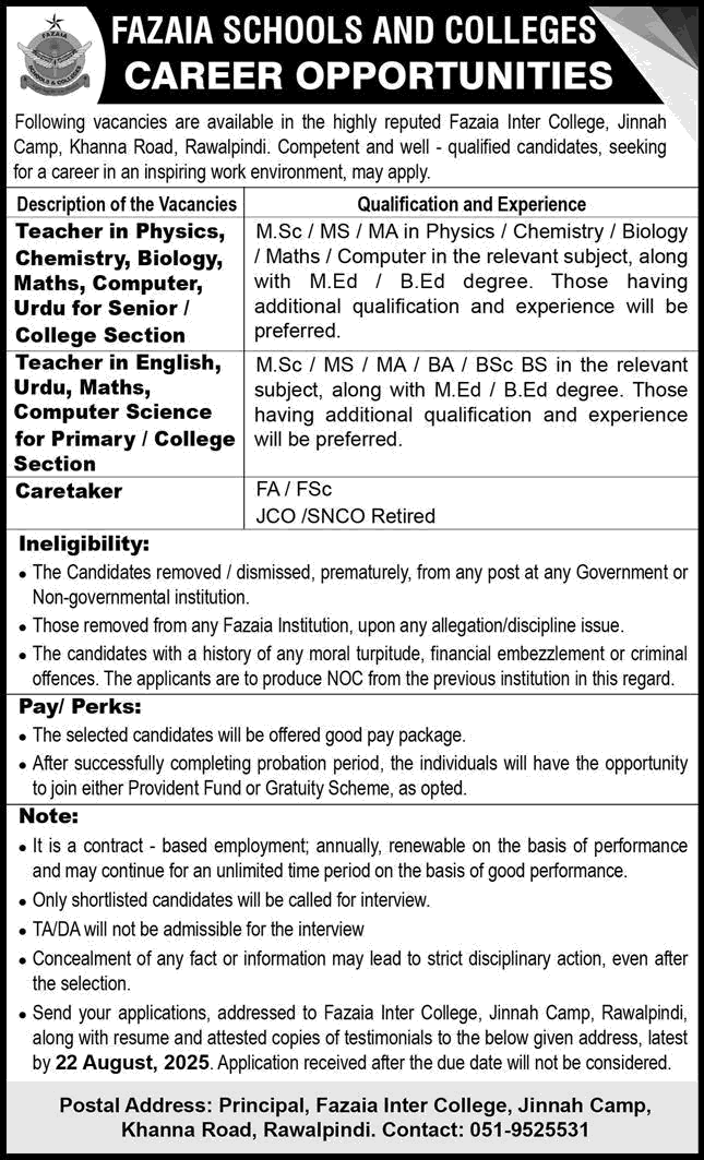 Fazaia Inter College Rawalpindi Jobs August 2025 Teachers & Others at Jinnah Campus Latest