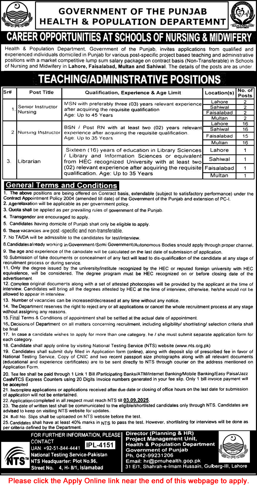 Health and Population Department Punjab Jobs August 2025 NTS Apply Online Nursing Instructors & Librarians Latest