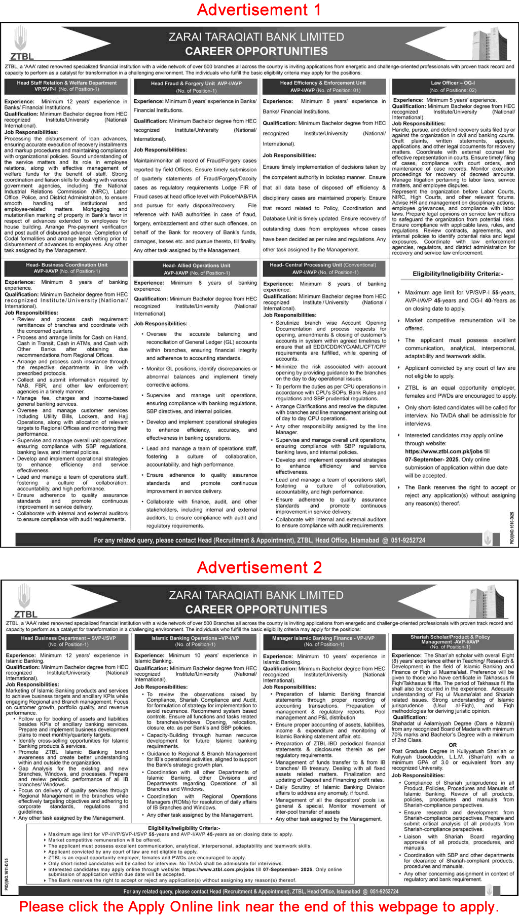 ZTBL Jobs August 2025 Apply Online Zarai Taraqiati Bank Limited Latest