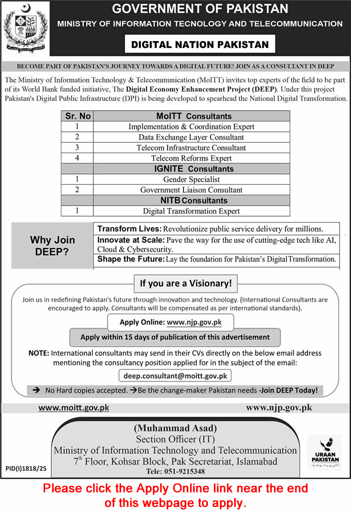 Ministry of IT & Telecom Jobs August 2025 September Apply Online DEEP Consultants Digital Economy Enhancement Project Latest