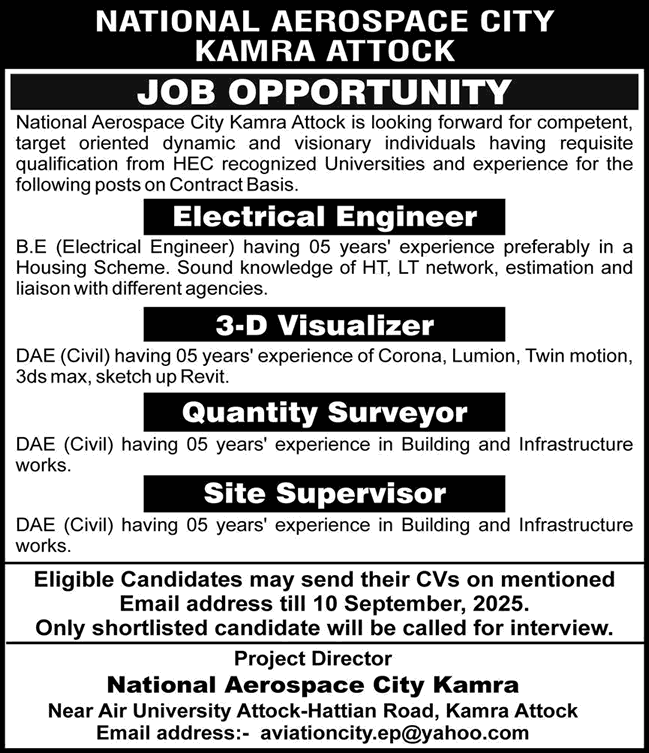 National Aerospace City Kamra Attock Jobs 2025 August / September DAE Civil Engineer & Electrical Engineer Latest