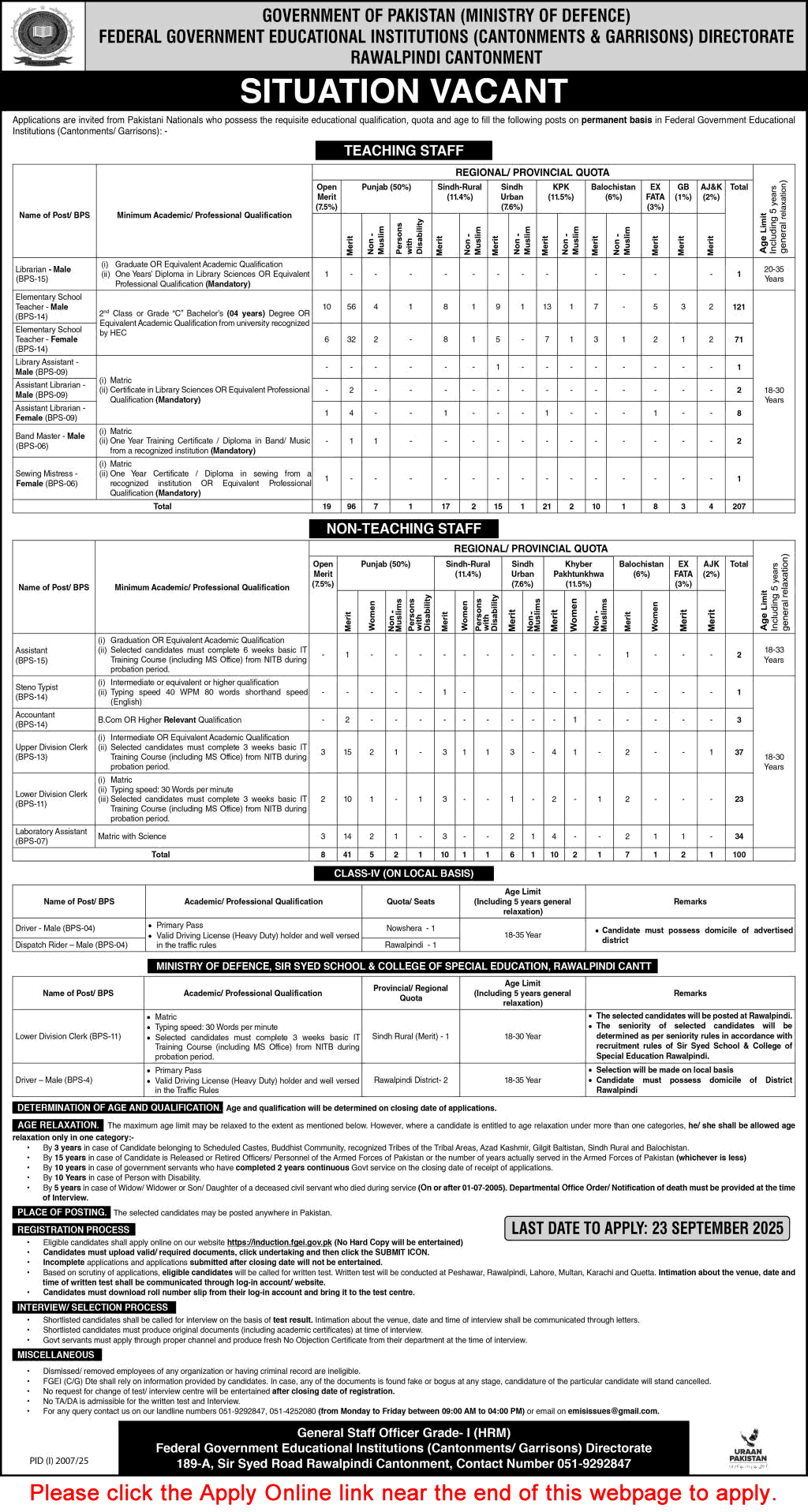 Federal Government Educational Institutions Cantt Garrison Jobs September 2025 Apply Online FGEI Latest