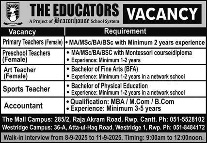 The Educators School Rawalpindi Jobs September 2025 Teachers & Others Walk in Interview Latest