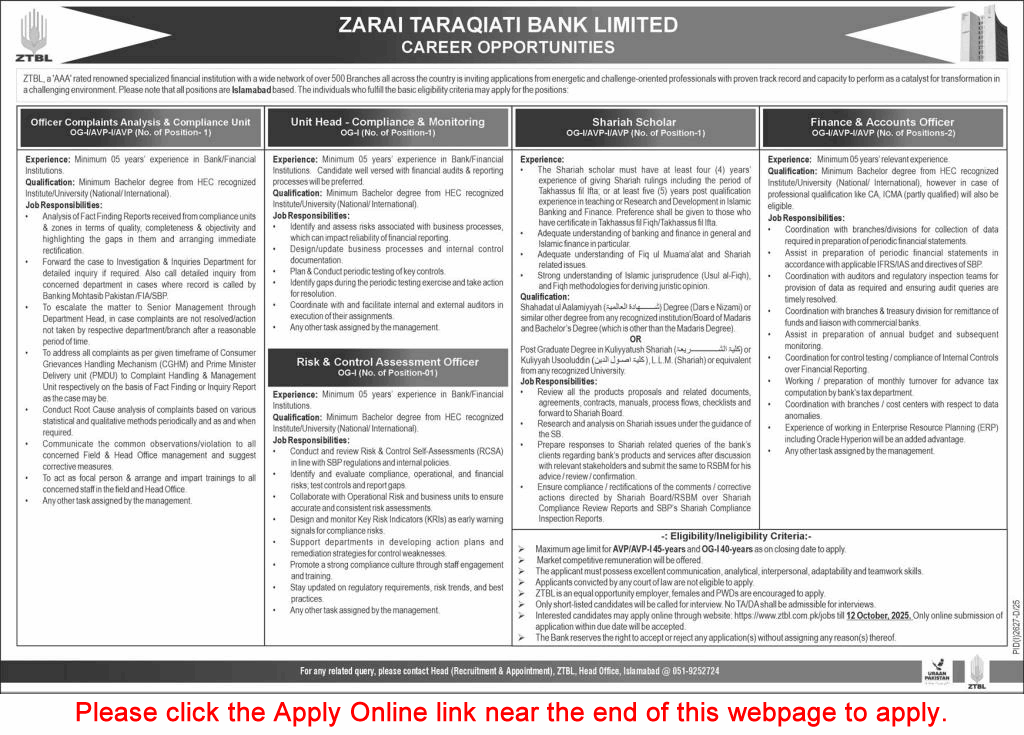 ZTBL Jobs September 2025 October Apply Online Finance / Accounts Officers & Others Latest