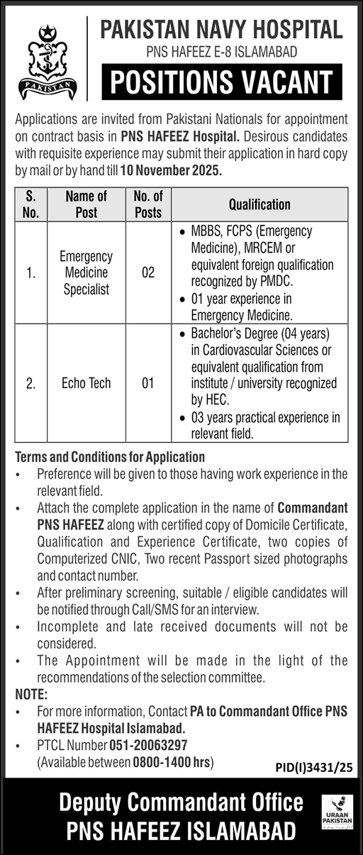 Pakistan Navy Hospital Islamabad Jobs October 2025 November Emergency Medicine Specialist & Echo Technician PNS Hafeez Latest