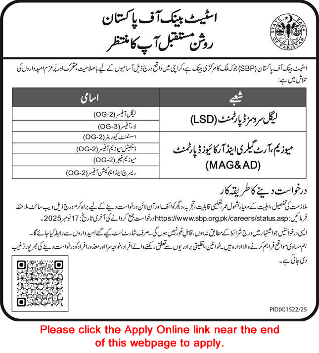 State Bank of Pakistan Jobs November 2025 Apply Online Law / Legal Officers & Others SBP Latest