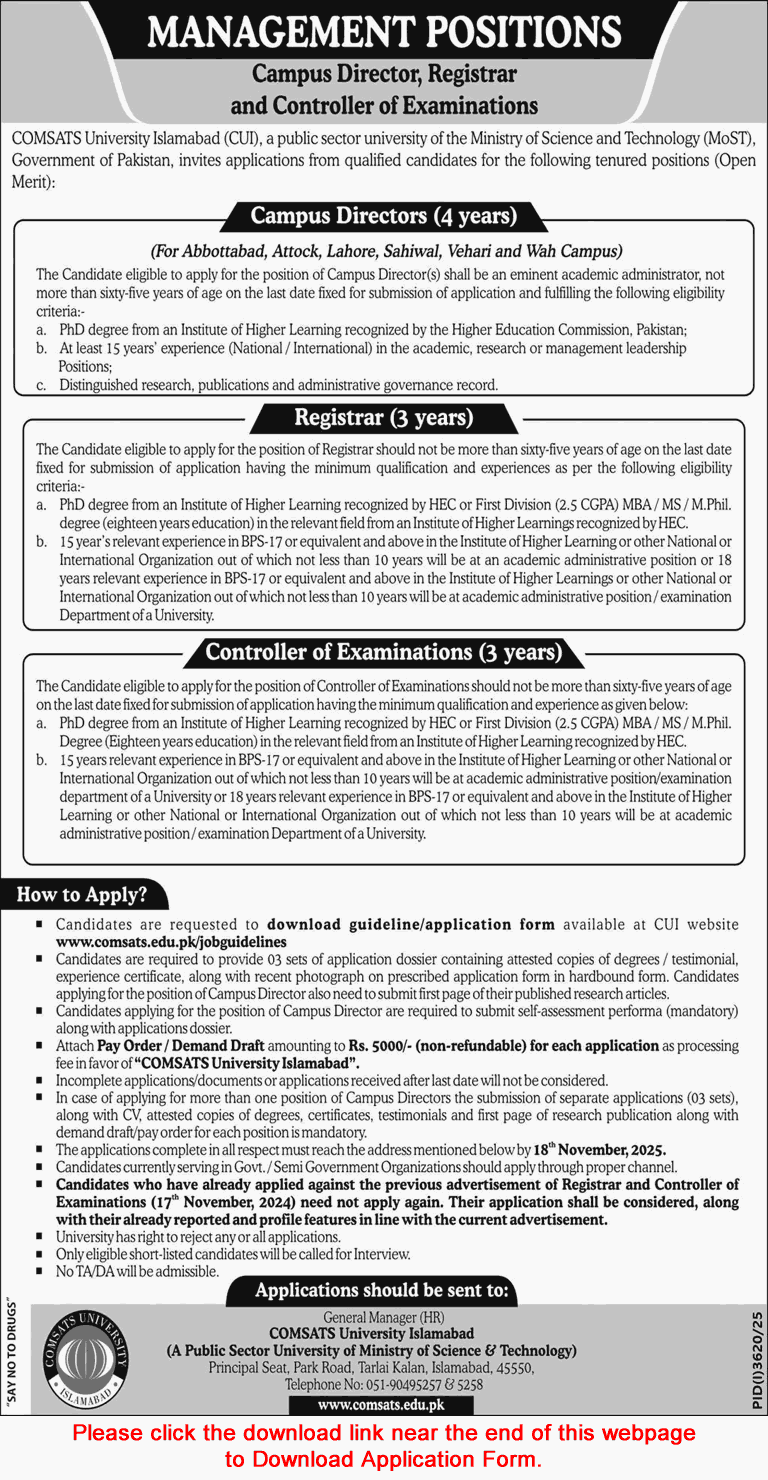 COMSATS University Islamabad Jobs November 2025 Application Form Campus Directors, Registrars & Controller of Examinations Latest