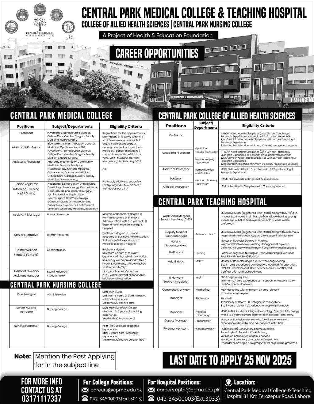 Central Park Medical College and Teaching Hospital Lahore Jobs November 2025 Teaching Faculty & Others Latest