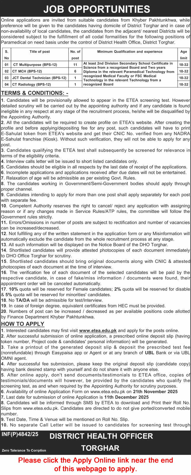 Health Department Torghar Jobs 2025 November ETEA Apply Online Clinical / Medical Technician District Health Officer Latest