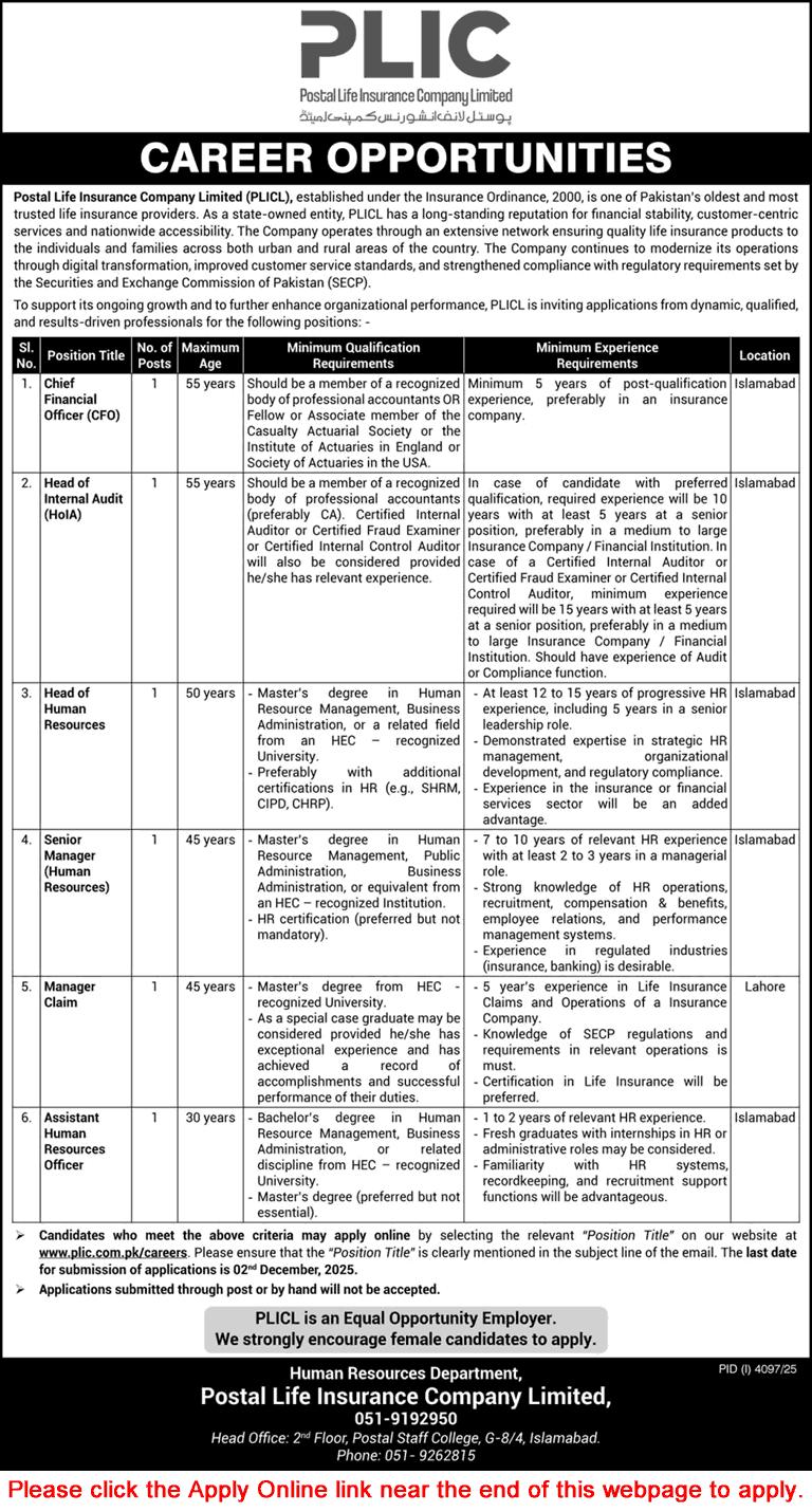 Postal Life Insurance Company Limited Jobs 2025 November Apply Online HR Officer, Claim Manager & Others PLIC Latest