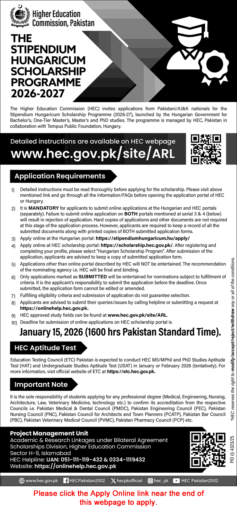 HEC Stipendium Hungaricum Scholarship Programme 2026-27 Apply Online Bachelors, Masters & PhD Studies Latest