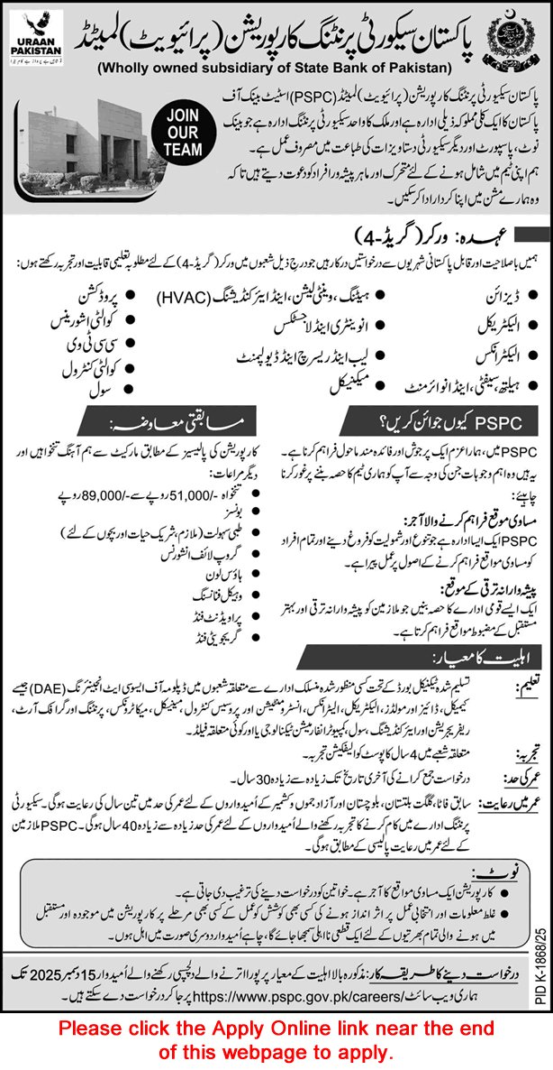 Worker Jobs in Pakistan Security Printing Corporation November 2025 December PSPC Apply Online Latest