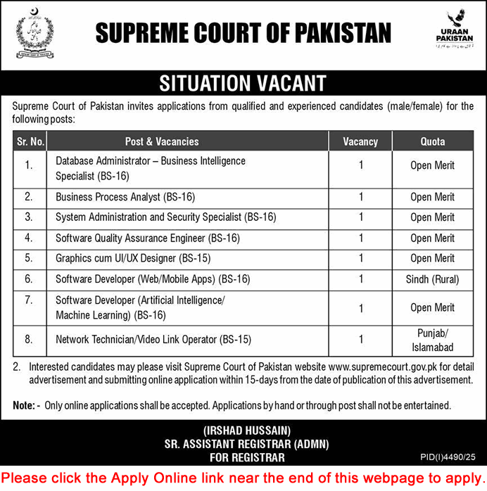 Supreme Court of Pakistan Jobs November 2025 December Apply Online Software Developers & Others SCP Latest